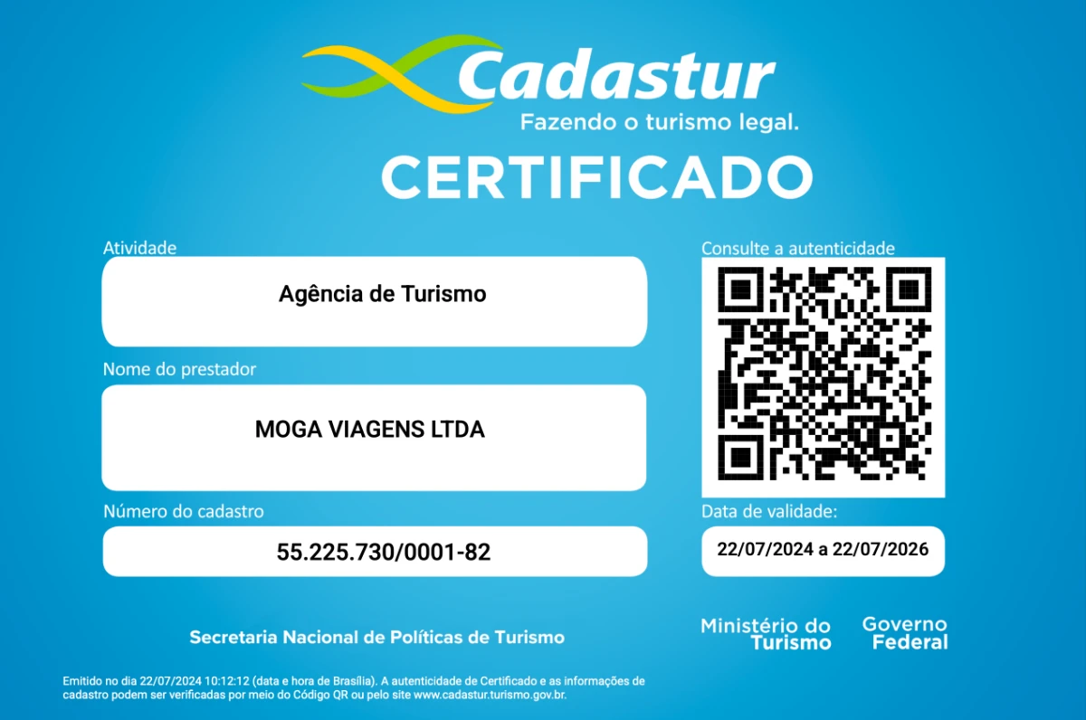 Certificado oficial Cadastur de Moga Viagens LTDA expedido pelo Ministério do Turismo